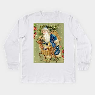 SANTA WITH DEER AND CHRISTMAS GIFTS IN WINTER SNOW Kids Long Sleeve T-Shirt